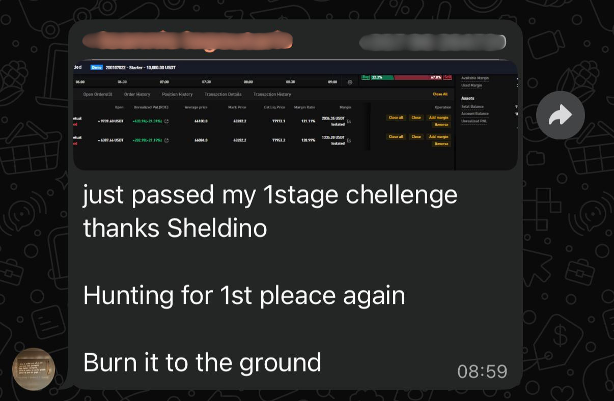 Trader testimonial screenshot from previous challenge