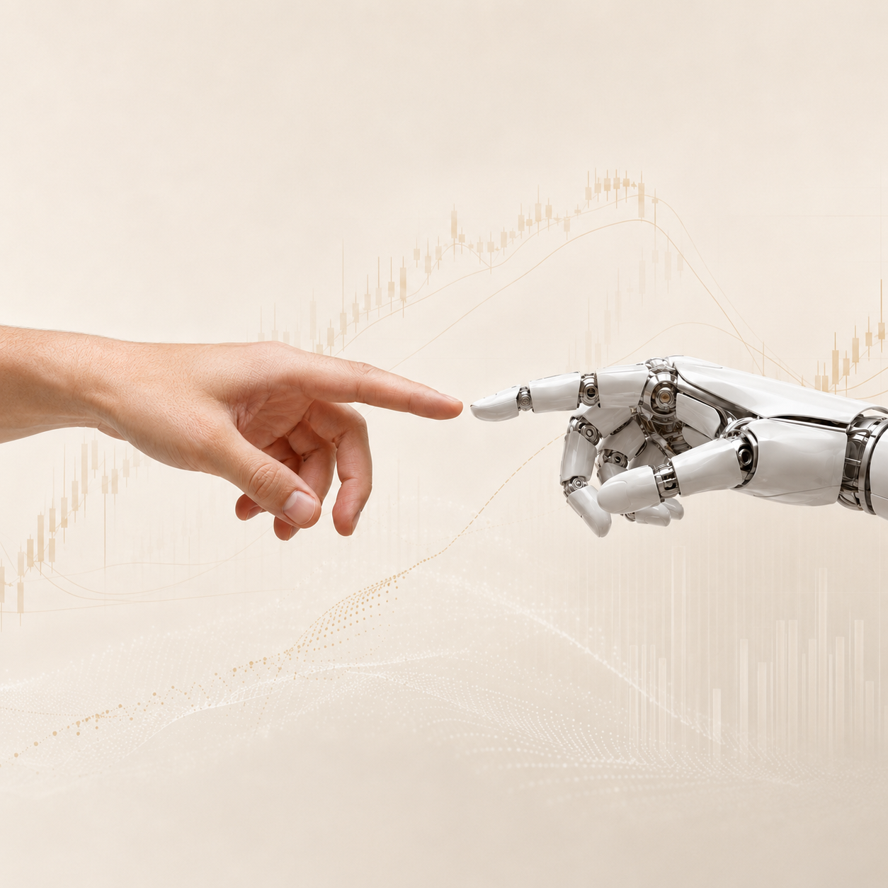 Human hand and robotic hand reaching toward each other over abstract trading charts, representing AI-powered trading